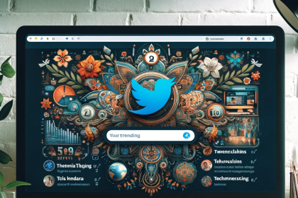 Modern computer screen showing Twitter's interface with top 10 trending topics in India for 2023, focusing on non-religious cultural trends, technology