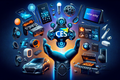 the spirit of CES 2024, showcasing a montage of the latest tech innovations