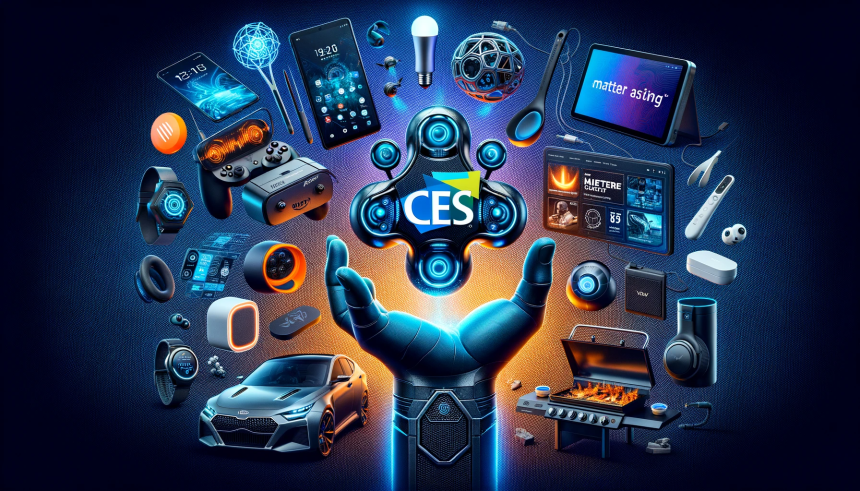 the spirit of CES 2024, showcasing a montage of the latest tech innovations