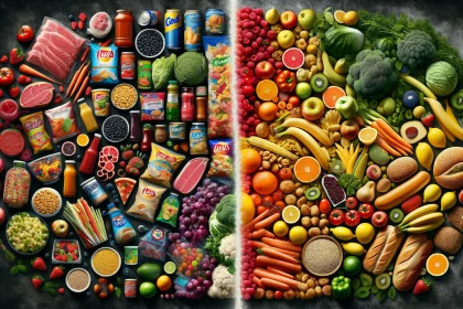 A compelling visual narrative depicting the contrast between ultra-processed foods and whole, nutritious foods