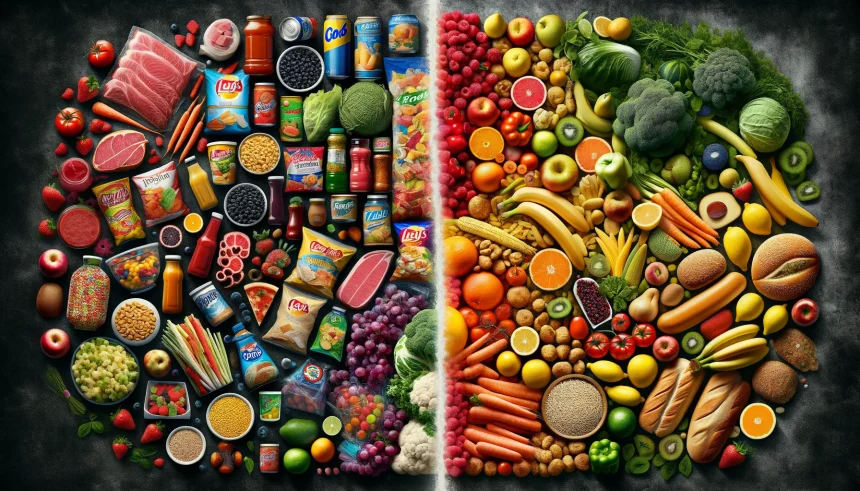 A compelling visual narrative depicting the contrast between ultra-processed foods and whole, nutritious foods