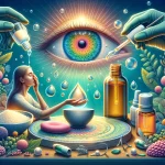 A detailed and vibrant illustration that depicts the natural and soothing properties of castor oil being used as an effective remedy for dry ey