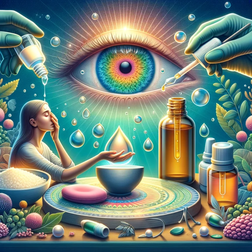 A detailed and vibrant illustration that depicts the natural and soothing properties of castor oil being used as an effective remedy for dry ey