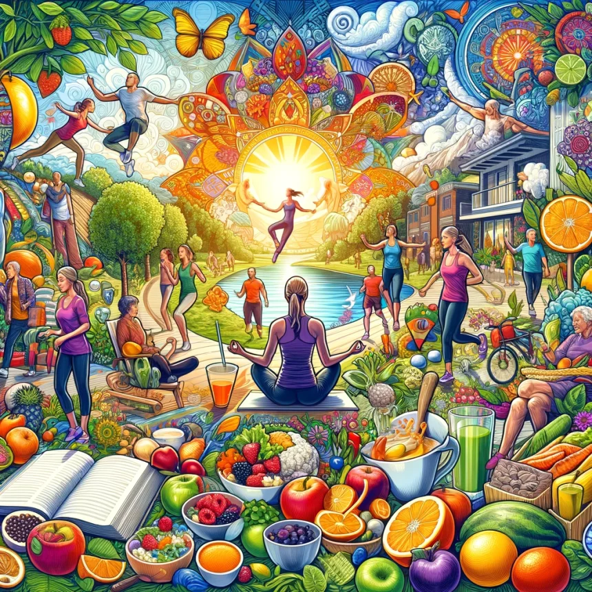 A detailed and vibrant illustration that encapsulates the essence of staying younger and maintaining vitality through a holistic approach