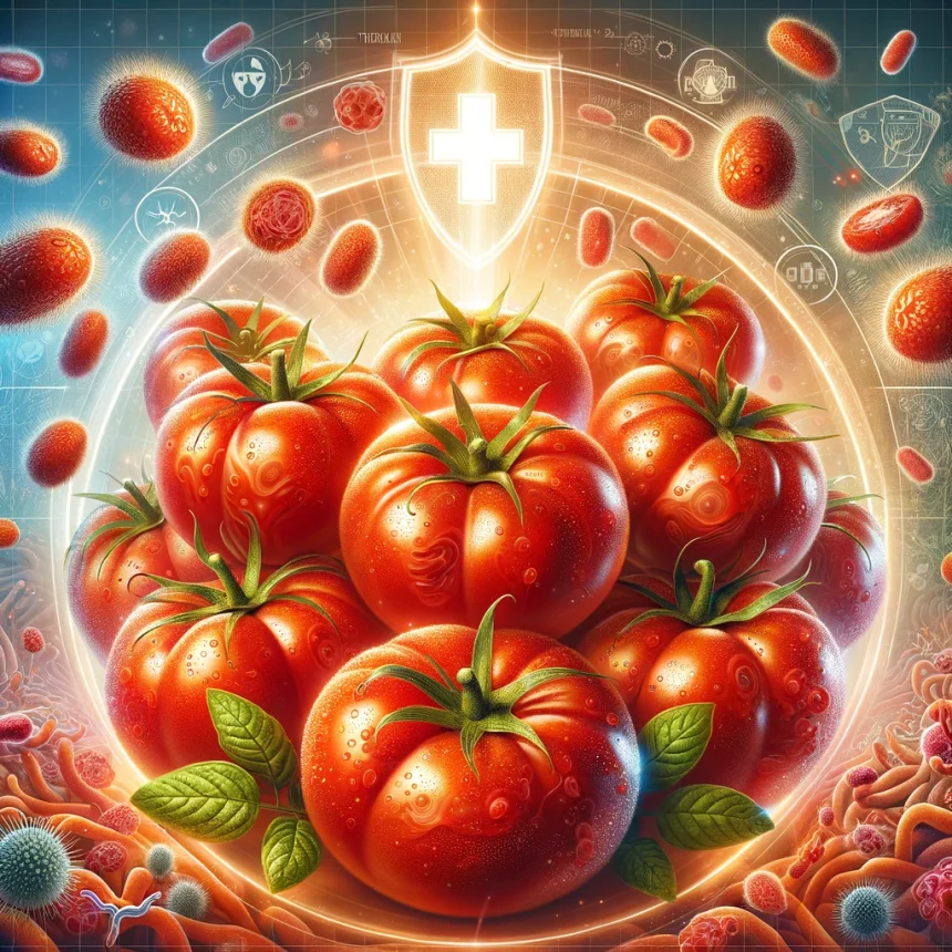 A detailed and vibrant illustration that showcases the antibacterial properties of tomatoes, highlighting their role in health and wellness