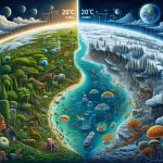 A detailed illustration of a futuristic Earth where global temperatures have reached the 20°C threshold, showing the impact on diverse ecosystems