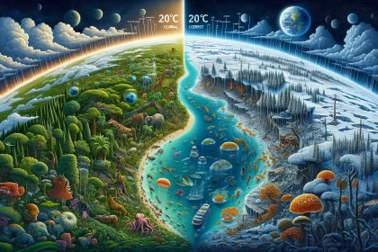 A detailed illustration of a futuristic Earth where global temperatures have reached the 20°C threshold, showing the impact on diverse ecosystems