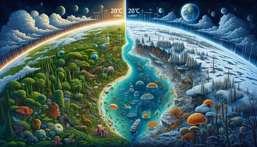 A detailed illustration of a futuristic Earth where global temperatures have reached the 20°C threshold, showing the impact on diverse ecosystems