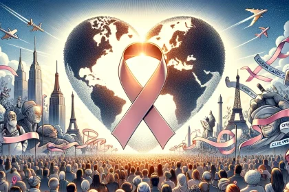 A diverse group of people from various backgrounds and ages coming together, holding ribbons that form a heart shape in the center on World Cancer Day