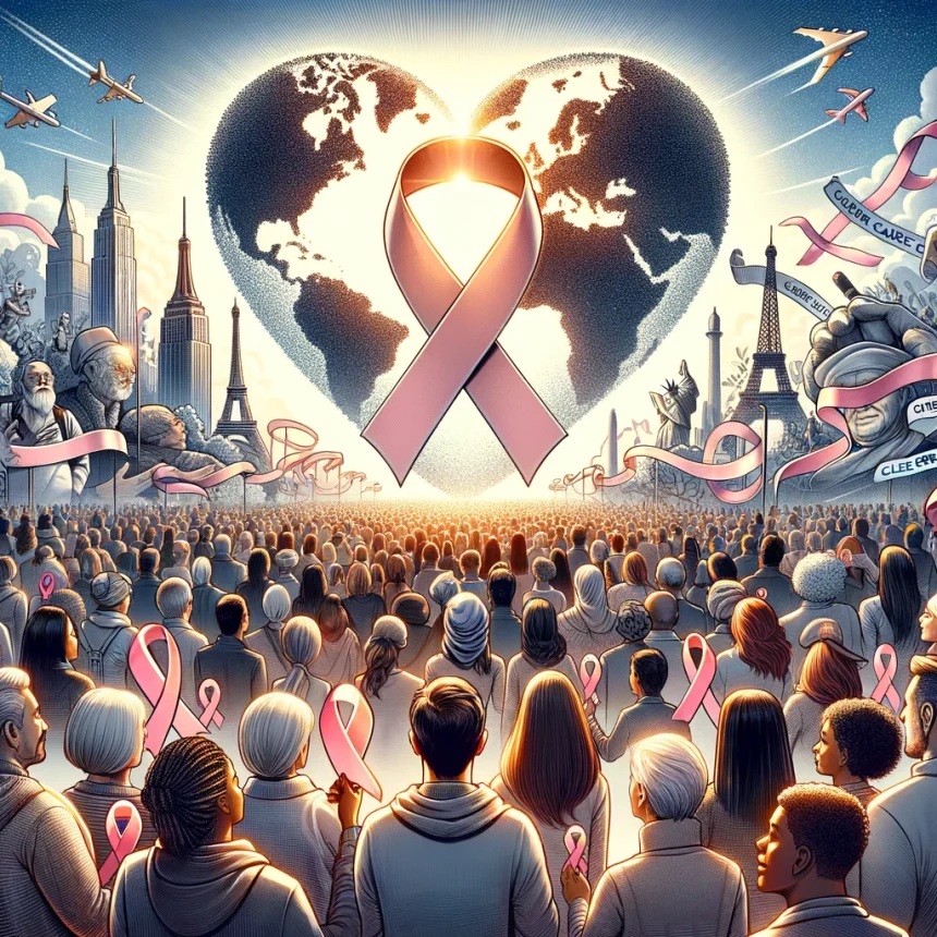 A diverse group of people from various backgrounds and ages coming together, holding ribbons that form a heart shape in the center on World Cancer Day