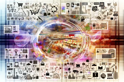 A dynamic and intricate collage representing the diverse and expansive world of retailing