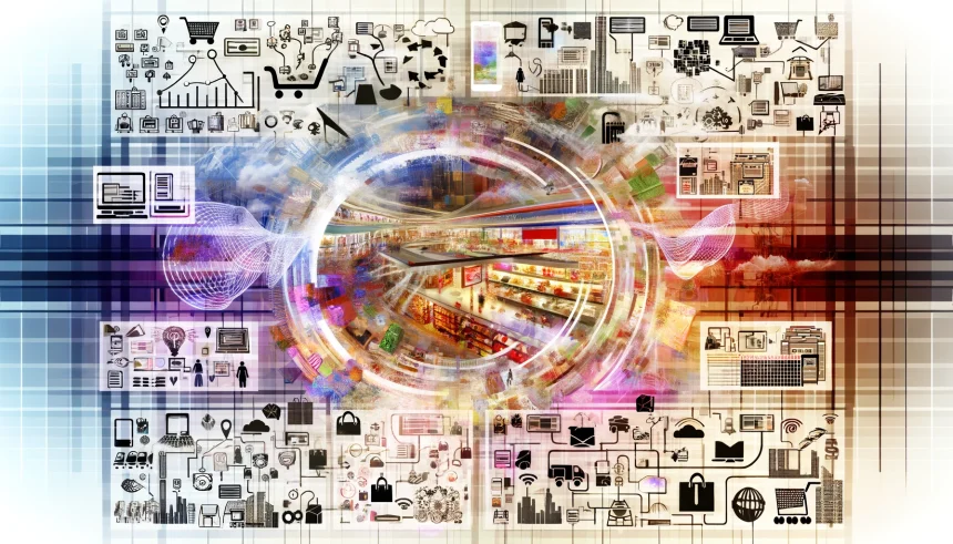 A dynamic and intricate collage representing the diverse and expansive world of retailing