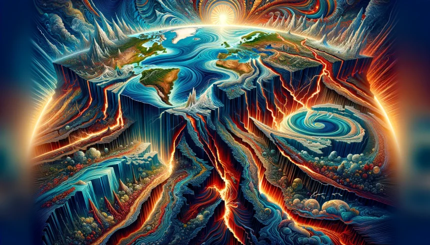 A dynamic and intricate depiction of the Pacific Plate undergoing a significant transformation, with visible fractures and rift zones stretching