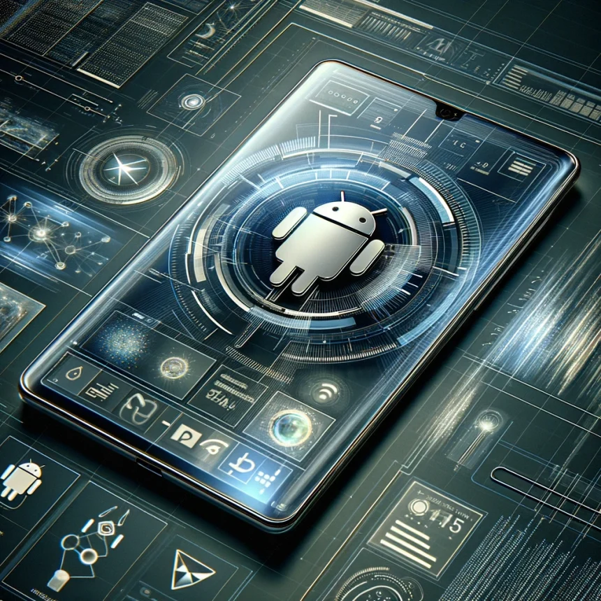 A futuristic concept design for Android 15, showcasing advanced technology features and a sleek, modern aesthetic