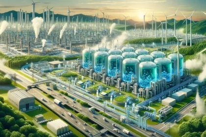 A futuristic landscape showcasing Japan's largest green hydrogen project