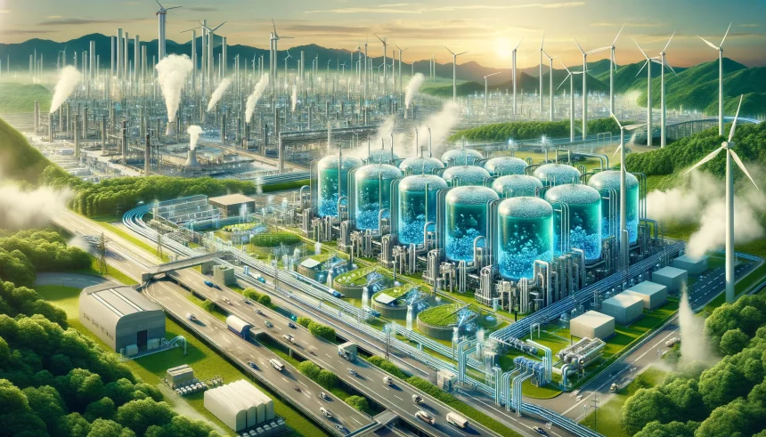 A futuristic landscape showcasing Japan's largest green hydrogen project