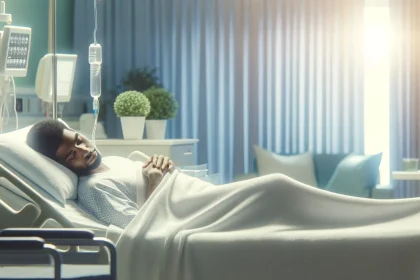 A peaceful image of a patient sleeping in a comfortable and serene hospital room