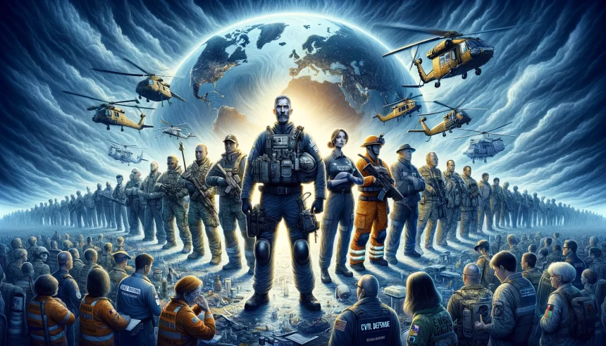 A powerful and evocative illustration capturing the spirit of World Civil Defence Day 2024