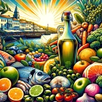 A vibrant and colorful illustration that captures the essence of the Atlantic Diet, showcasing a variety of fresh seafood, fruits, vegetables, etc