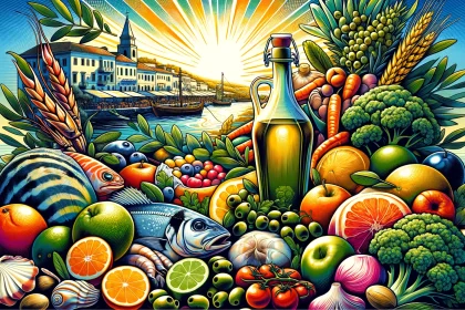 A vibrant and colorful illustration that captures the essence of the Atlantic Diet, showcasing a variety of fresh seafood, fruits, vegetables, etc