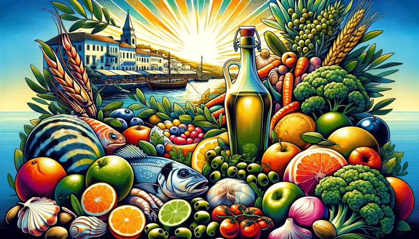 A vibrant and colorful illustration that captures the essence of the Atlantic Diet, showcasing a variety of fresh seafood, fruits, vegetables, etc