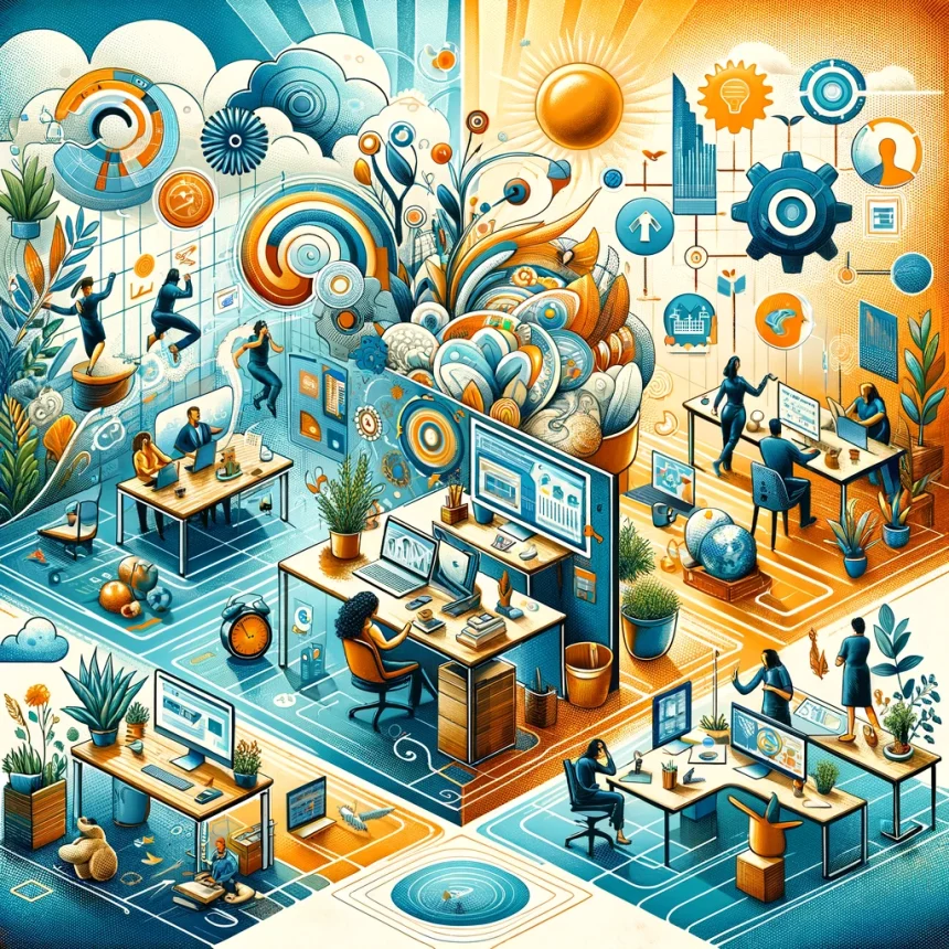 A vibrant and detailed illustration that encapsulates the concept of a thriving hybrid work environment