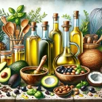 A vibrant and detailed illustration that encapsulates the diverse world of cooking oils, showcasing bottles of olive oil, avocado oil, and coconut oil