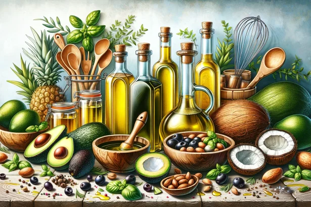 A vibrant and detailed illustration that encapsulates the diverse world of cooking oils, showcasing bottles of olive oil, avocado oil, and coconut oil