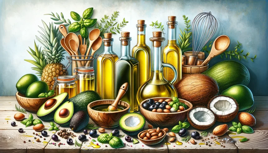 A vibrant and detailed illustration that encapsulates the diverse world of cooking oils, showcasing bottles of olive oil, avocado oil, and coconut oil