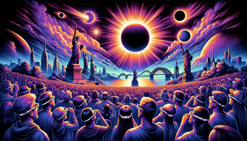 A vibrant and detailed illustration that encapsulates the excitement and awe surrounding the 2024 Great North American Eclipse