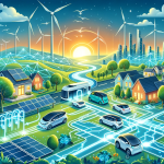 A vibrant illustration that depicts electric vehicles connected to a futuristic smart grid, showcasing energy flowing both ways