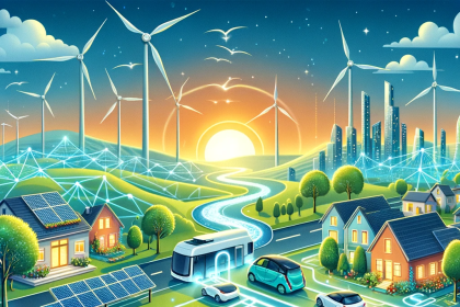 A vibrant illustration that depicts electric vehicles connected to a futuristic smart grid, showcasing energy flowing both ways