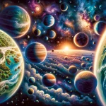 A vivid illustration showcasing a variety of Earth-like exoplanets orbiting distant stars, each planet unique in its features yet reminiscent of Earth