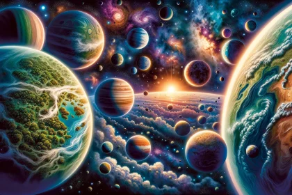 A vivid illustration showcasing a variety of Earth-like exoplanets orbiting distant stars, each planet unique in its features yet reminiscent of Earth