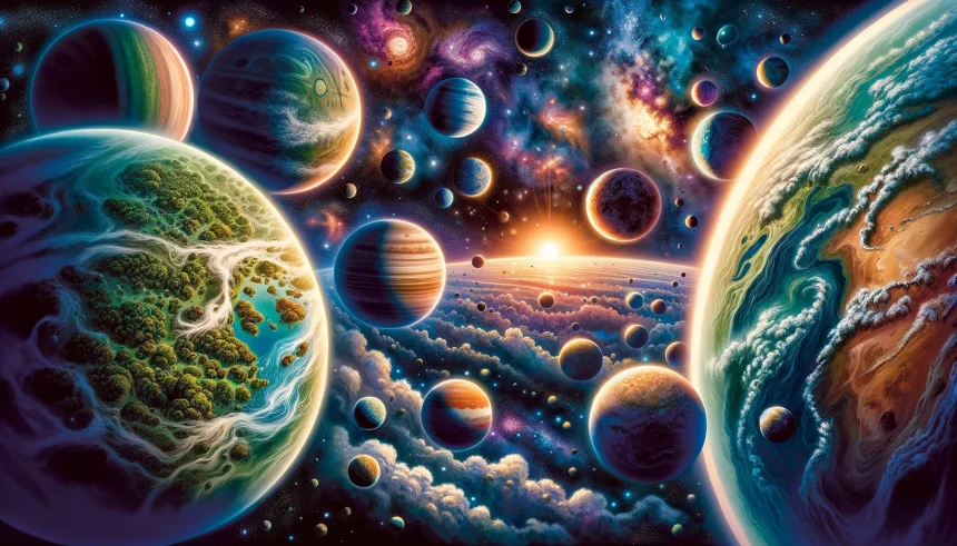 A vivid illustration showcasing a variety of Earth-like exoplanets orbiting distant stars, each planet unique in its features yet reminiscent of Earth