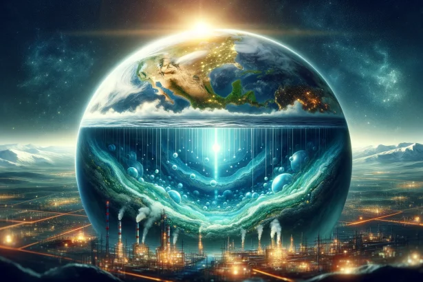 An artistic depiction of the earth with a visible layer beneath the surface glowing with the potential energy of buried hydrogen