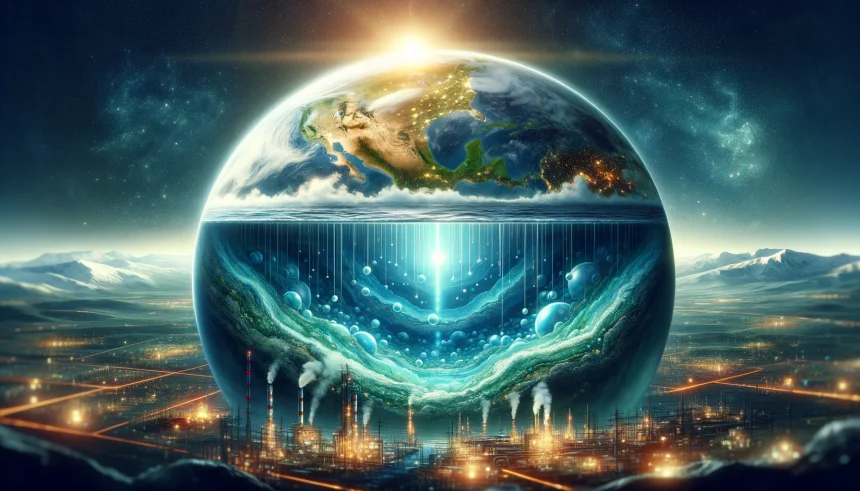 An artistic depiction of the earth with a visible layer beneath the surface glowing with the potential energy of buried hydrogen