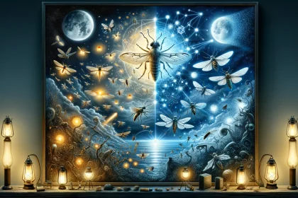 An artistic depiction that captures the phenomenon of insects being drawn to artificial lights, with a focus on the scientific aspects behind it