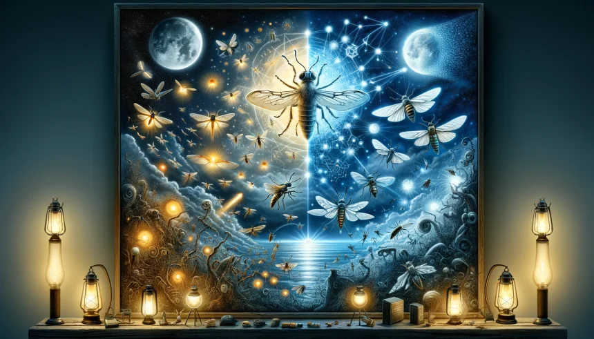 An artistic depiction that captures the phenomenon of insects being drawn to artificial lights, with a focus on the scientific aspects behind it