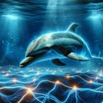 An artistic representation of a dolphin submerged in deep ocean waters, surrounded by faint, glowing electric currents that illustrate its ability to detect weak electric fields