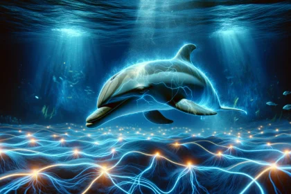 An artistic representation of a dolphin submerged in deep ocean waters, surrounded by faint, glowing electric currents that illustrate its ability to detect weak electric fields