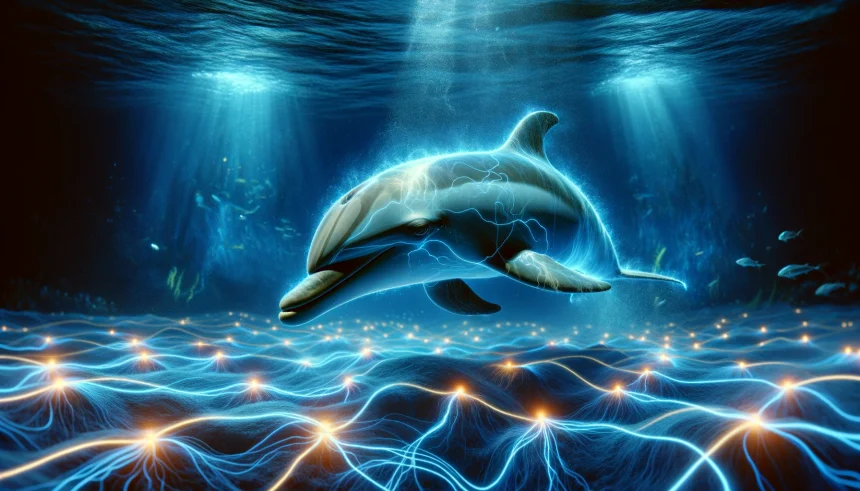 An artistic representation of a dolphin submerged in deep ocean waters, surrounded by faint, glowing electric currents that illustrate its ability to detect weak electric fields