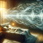 An artistic representation showing the calming effect of relaxing words on a person's heartbeat while they sleep