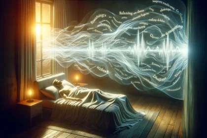 An artistic representation showing the calming effect of relaxing words on a person's heartbeat while they sleep