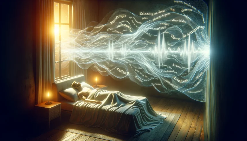 An artistic representation showing the calming effect of relaxing words on a person's heartbeat while they sleep