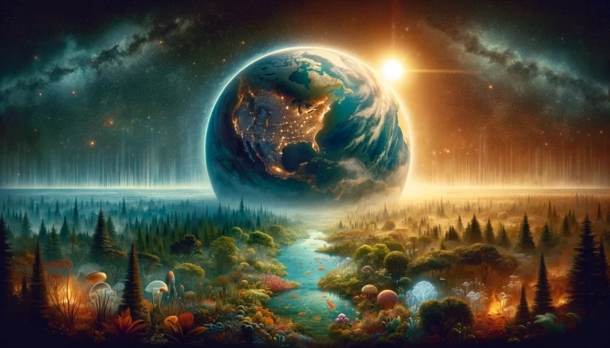 An illustration depicting Earth enveloped in a subtle, warm glow to signify the increased absorption of solar radiation