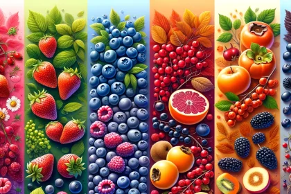 An illustration showcasing an assortment of seasonal berries, including strawberries in spring, blueberries, raspberries, etc.