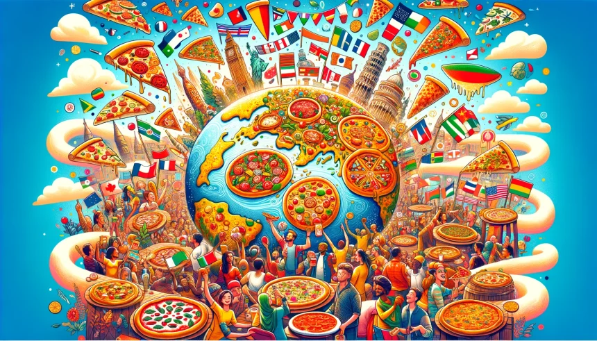 An illustration that captures the essence of World Pizza Day, showcasing the diversity and global appeal of pizza