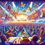 An illustration that captures the essence of the 2024 Grammy Awards, showcasing a vibrant and celebratory atmosphere