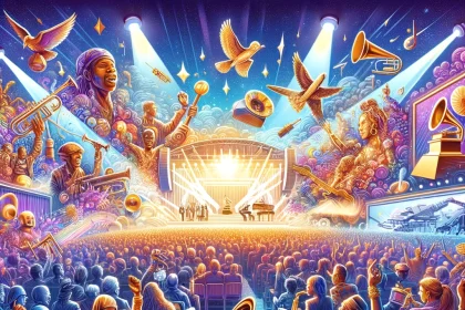 An illustration that captures the essence of the 2024 Grammy Awards, showcasing a vibrant and celebratory atmosphere